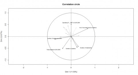 Figure 7.1: Correlation circle of the FAMD analysis of the foreign subsidiaries among the Top 107 firms, current selection.